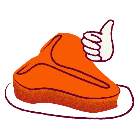 A cut of t-bone steak with a hand signaling thumbs up